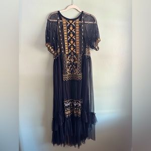 Free People Sabrina Tulle Sheer Embroidered Midi Dress Black Gold